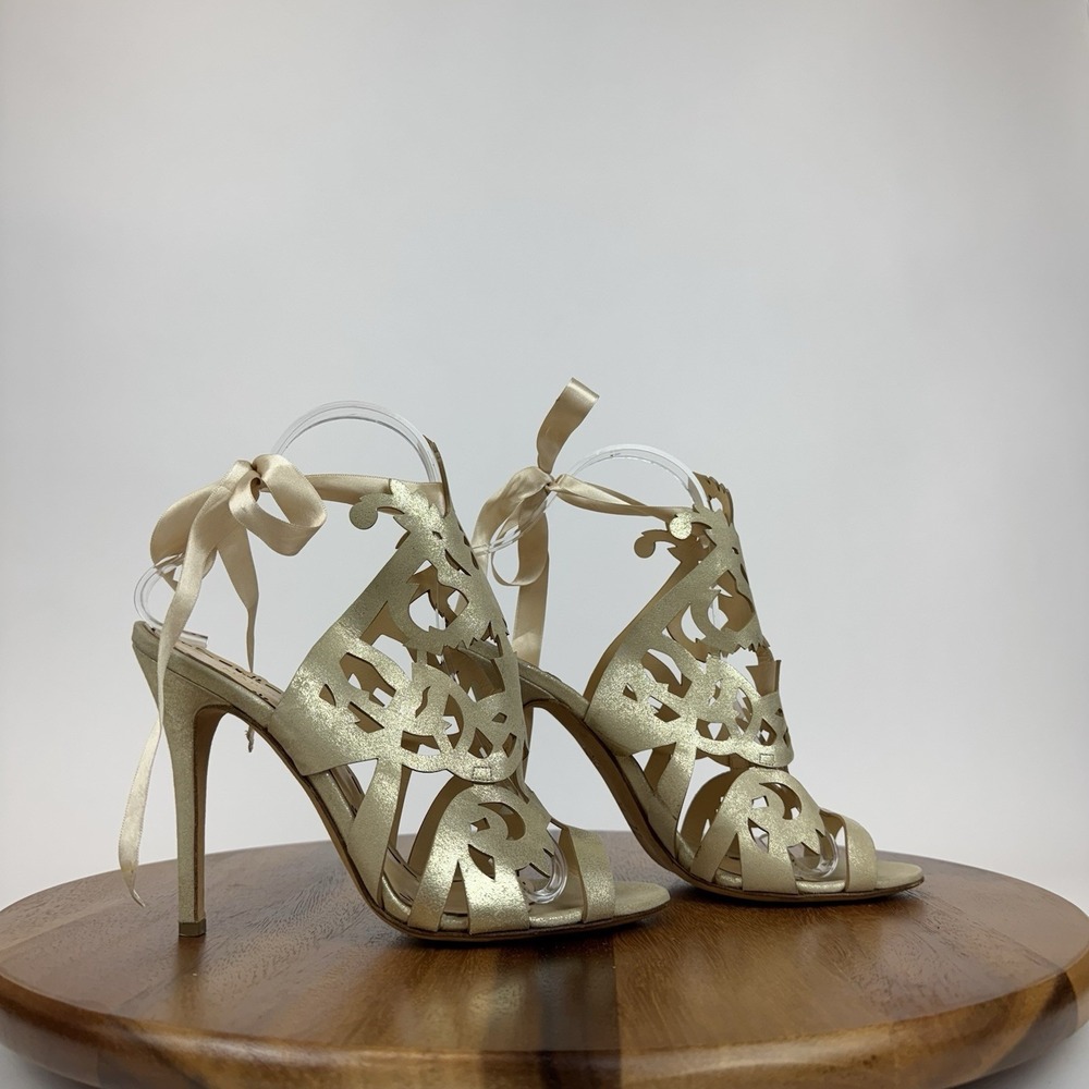 Womens Marchesa Gold Suede Lasercut Ribbon Open Toe Sandals Heels Size EU 37.5